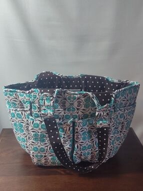 Quilted Crafters Bag, Yarnology Brand, White, Brown, Teal